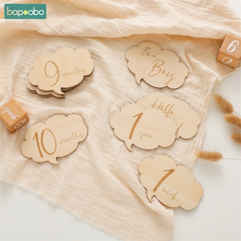 

1Set Wooden Baby Milestone Card For Newborn Cartoon Cloud Shape Dialogue Milestones Children Photography Props Accessories