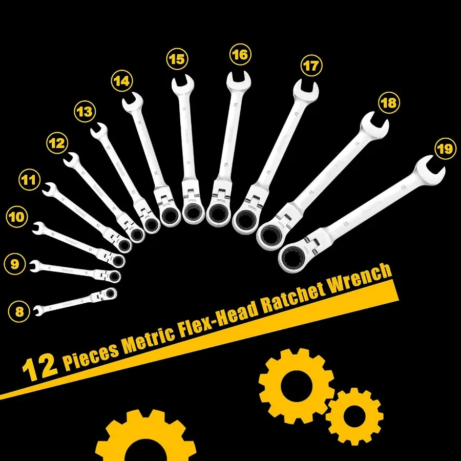 12-Piece 8-19mm Metric Flex-Head Ratcheting Wrench Set Professional Chrome Vanadium Steel Ratchet Wrench Combination Ended Span