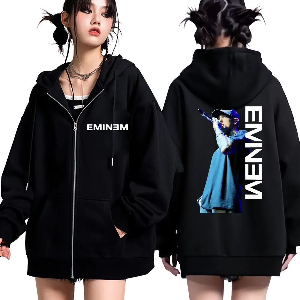 Rapper Eminem Mic Pose Print Zip Up Hoodie Fashion Design Men Women Cardigan Sweatshirt Oversized Casual Zipper Streetwear Male