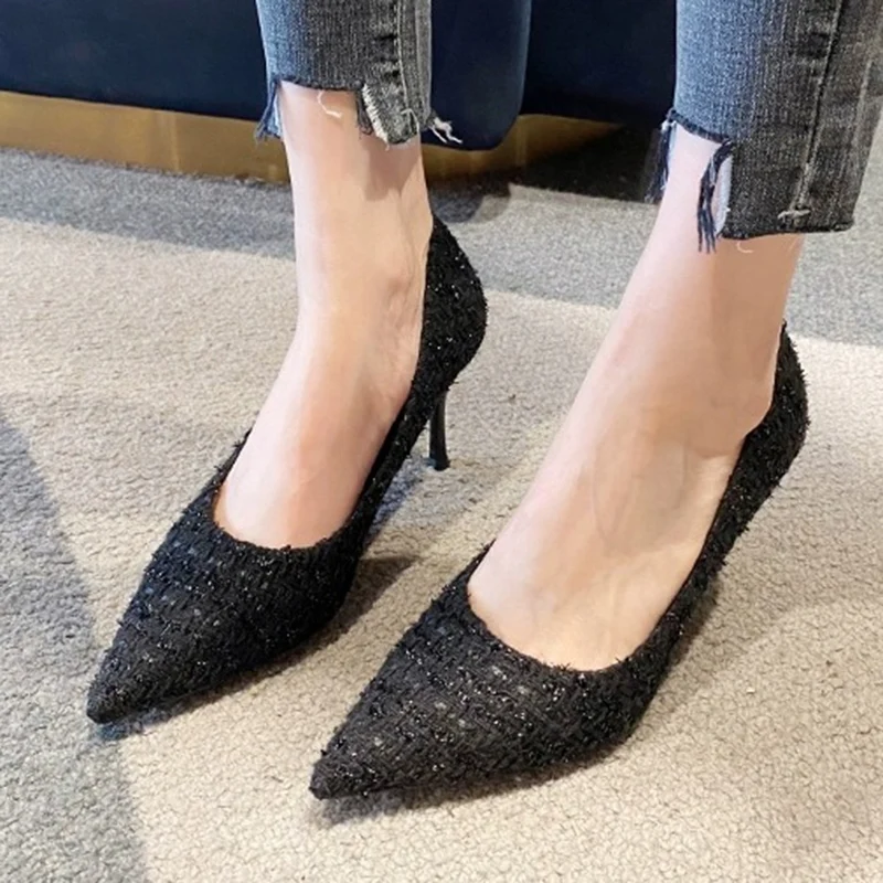 Tweed Cloth Pointed Toe Pumps Ladies Elegant Thin High Heels Office Shoes Women Brand Designer Slip On Stiletto Heel Party Shoes