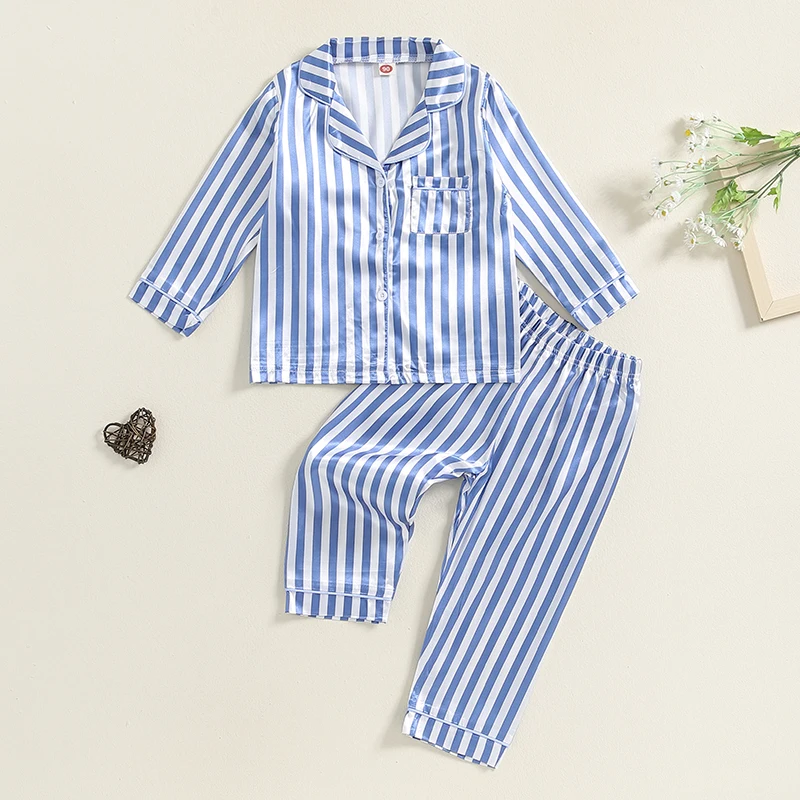 Kid Girls Boys Fall Pajamas Set Stripe Print Long Sleeve Shirts Tops Long Pants Satin 2 Pieces Lounge Suit Sleepwear