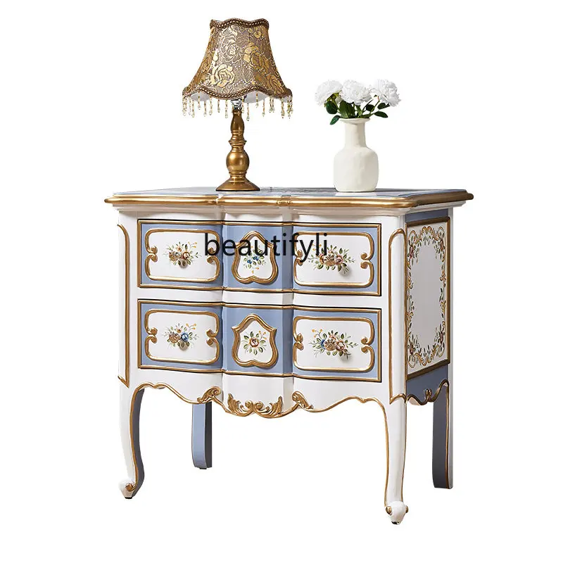 

European-Style High-End Bedside Table Painted French Bedroom Retro Storage Cabinet American Light Luxury Villa Solid Wood Locker