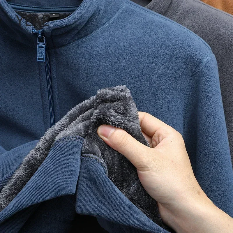 YEAE 2024 Polar Fleece Men's Jacket Autumn and Winter Plus Velvet Thickened Stand Collar Zipper Cardigan Top Clothing Coat New