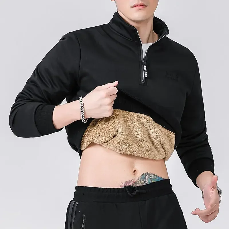 2024 Men\'s Winter Sweatshirts Fleece Lined Warm Sportswear Zipper Long Sleeve Zip-up Sweat Shirts Male Black Big Size Plus Large