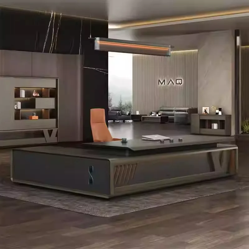 Modern Minimalist Luxury Executive Office Desk with Fingerprint Lock Desktop Socket, Premium Painted Finish, Boss Desk
