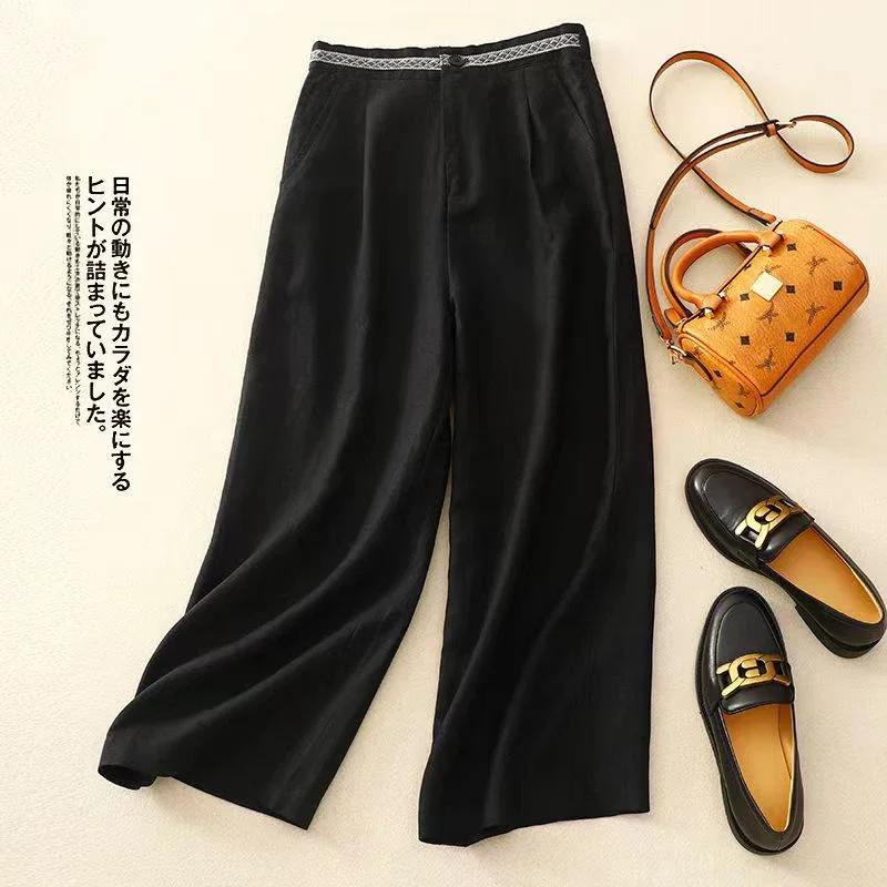 

Cotton Linen Wide-leg Suit Pants Female Spring and Summer Fashion Commuter Elegant High-waisted Nine-minute Casual Pants E5153