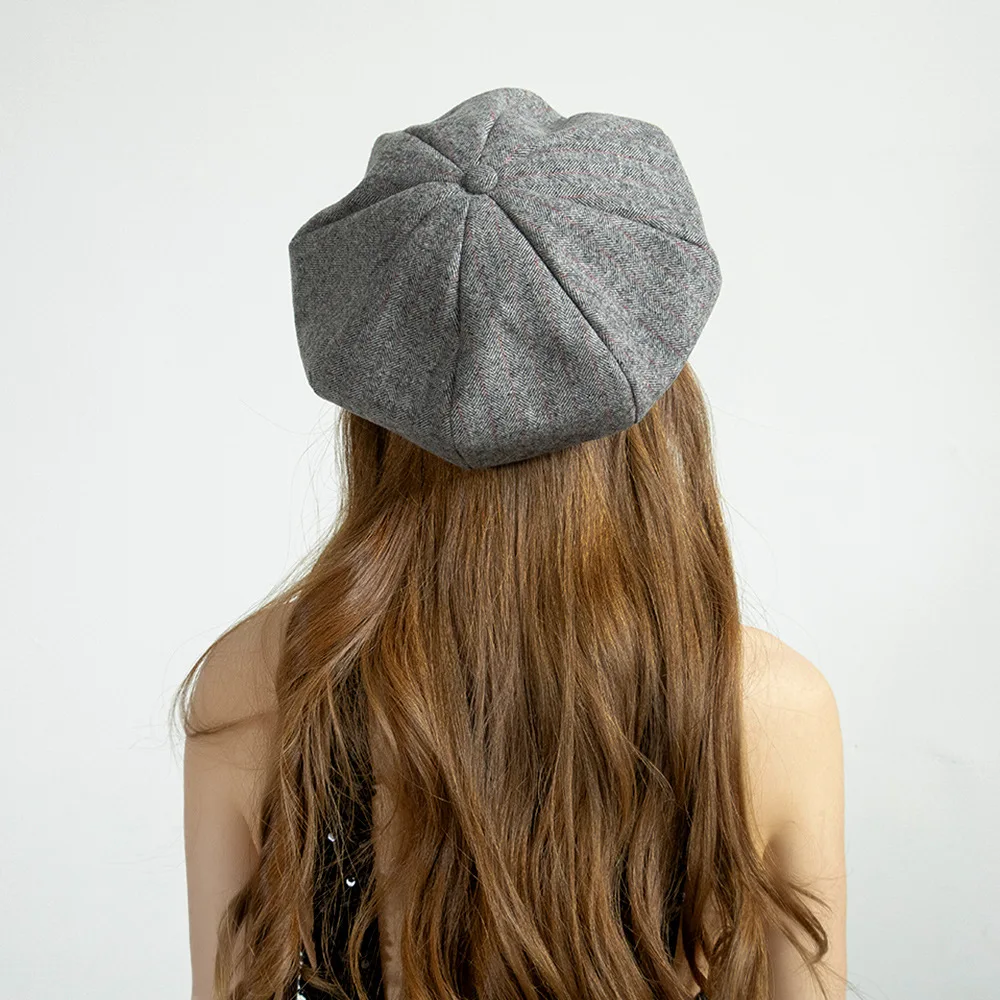 Women's Octagonal Wool Blend Hat 56-58cm Pinstripe Breathable All-Season Versatile Daily Wear Simple Design