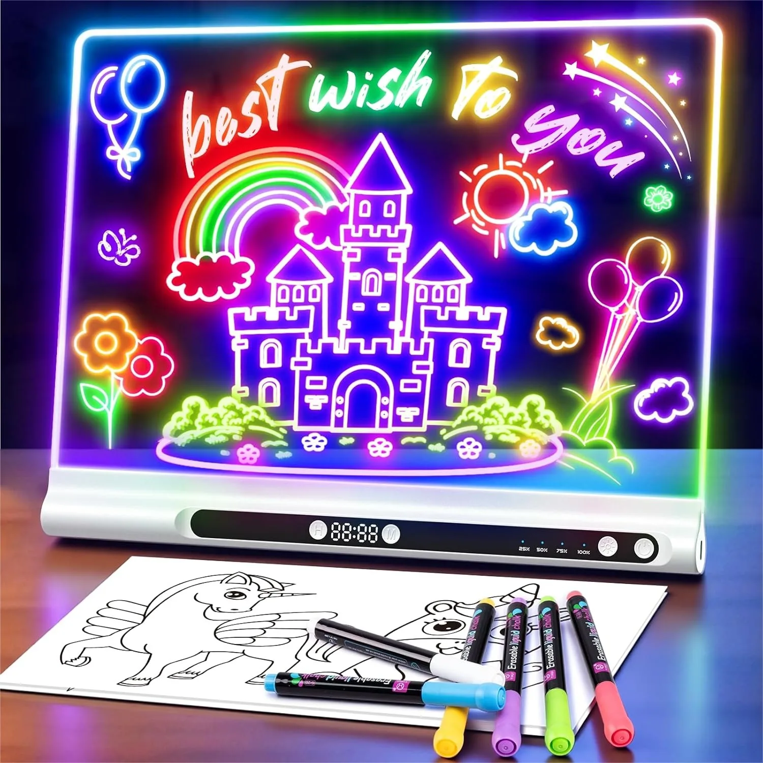 

16" Rechargeable LED Drawing Board with 9 Light Modes, Timer & Stand for Kids Neon Art Sketching Gift