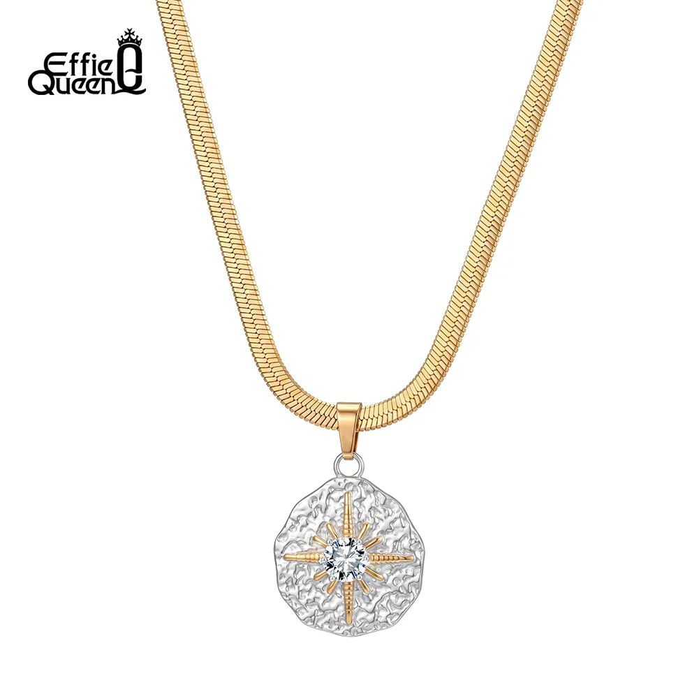 EFFIE QUEEN Stainless Steel Shiny Round Pendant Necklace Chain Waterproof Jewelry Gift for Women Men Vintage Punk Hip Hop STKN39