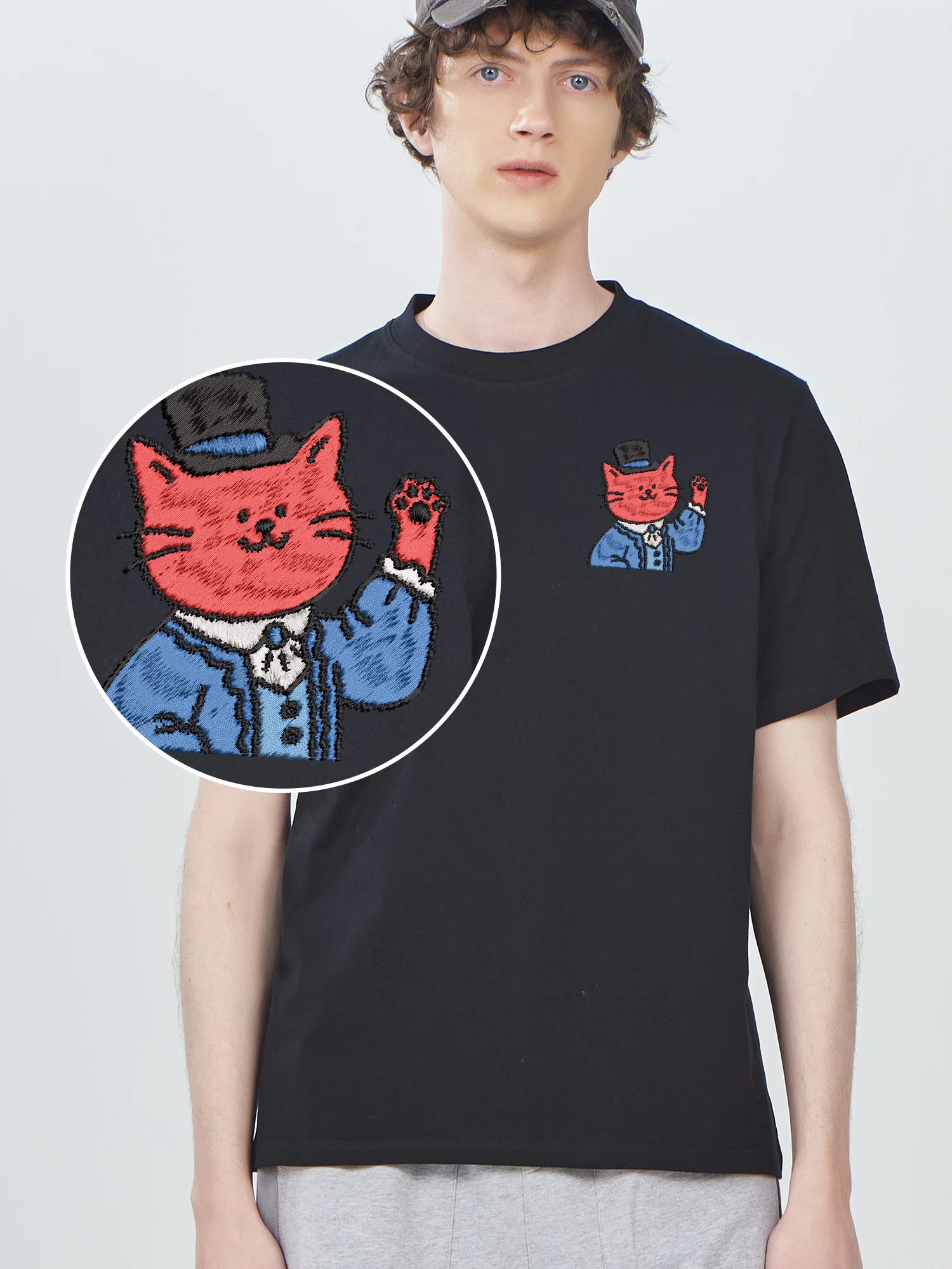 Mens Embroidered T Shirts Wearing Formal Cat High Quality Cotton T-Shirt Unisex Fashionable Streetwear Design Embroidery Tees​