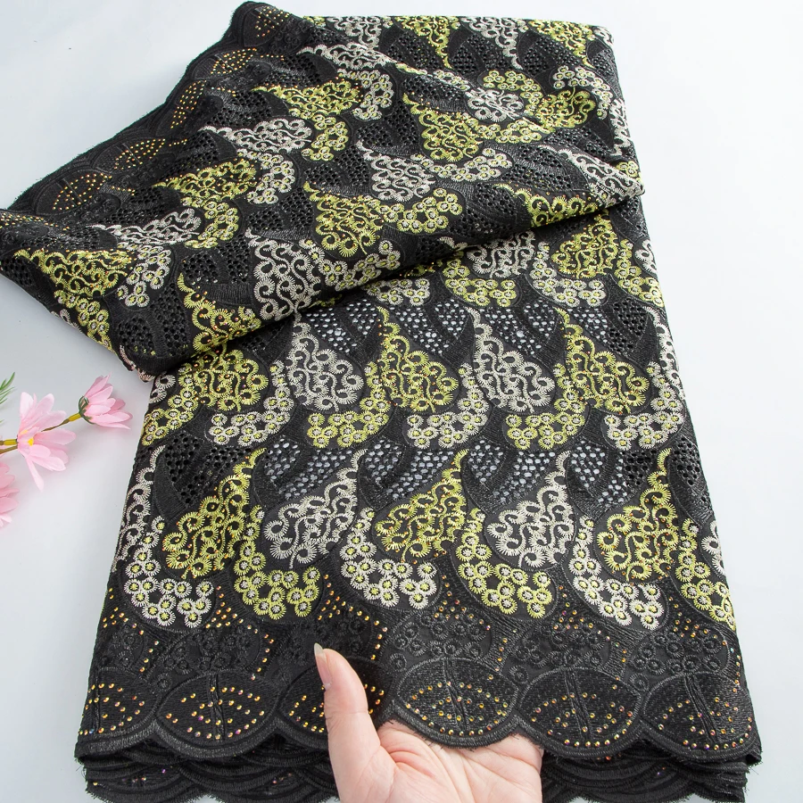 

African Cotton Embroidery Dry Lace Fabric 2026 High Quality Swiss Voile Lace Fabric with Stones for Women Wedding Party Dresses