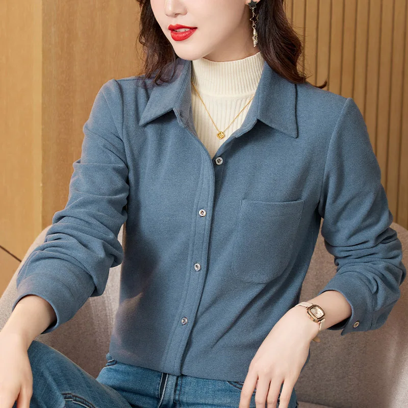 

Women Clothing Thick High Quality Solid Shirts Early Spring Solid Soft Casual Pockets Loose Classic Fashion Blouse Tops