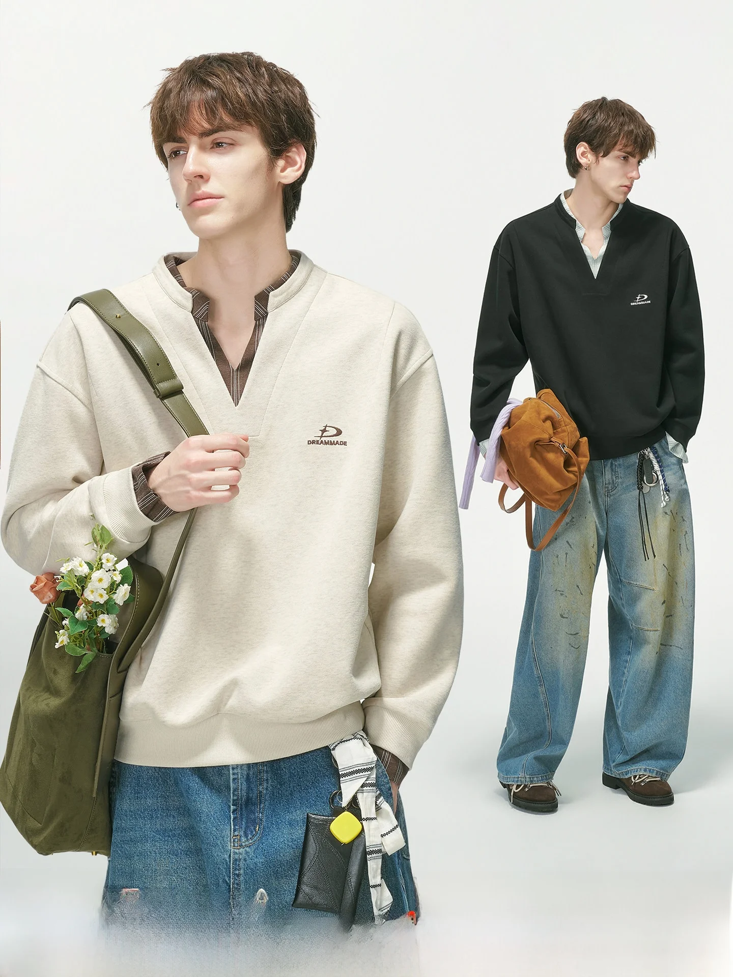 Dream Made College Style V-Neck Embroidered Color Block Sweatshirt Unisex High Intelligence Sensation Autumn Top