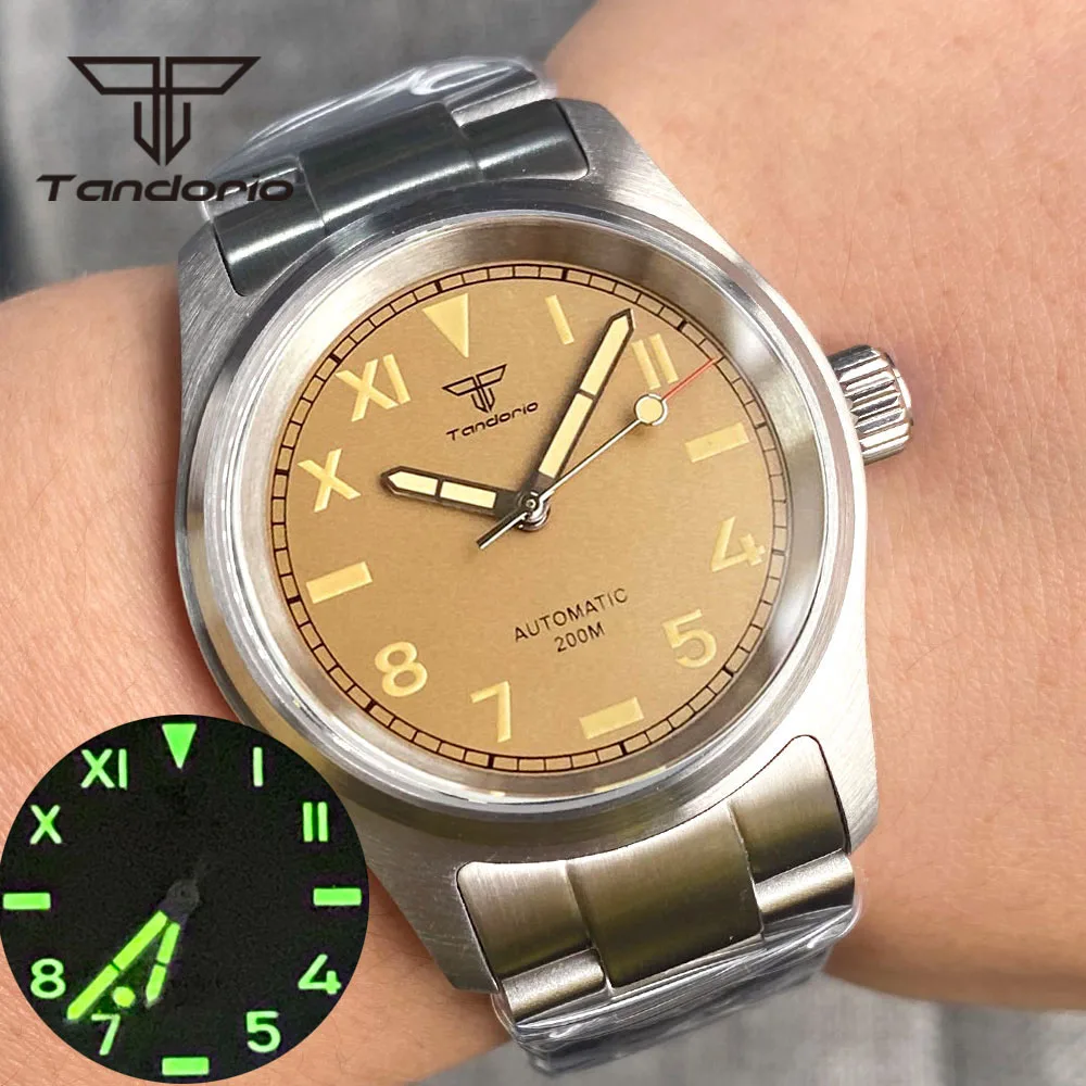 Tandorio 36mm Pilot Stainless Steel 200m Men Dive Luminous Automatic Watch NH35A PT5000 Movement Sapphire Glass Screw Crown