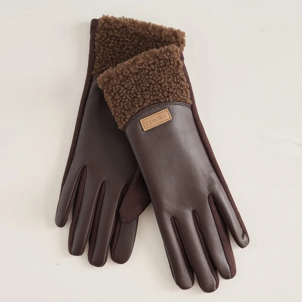 جديد بولي Leather قفازات الشتاء الجلدية الدافئة لامب الصوف قفازات شاشة لمس شاشة ملموس يندبروف يندبروف الباردة برهان قفازات النساء