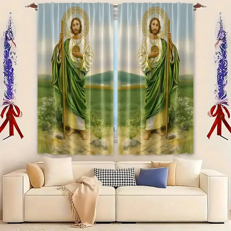 2D Flach, 2 Stück Vorhänge mit Heiligenmotiv, grüne Robe, bedruckter Vorhang für Gebetsraum, Wohnzimmer, Fensterdekoration, ChristianHome