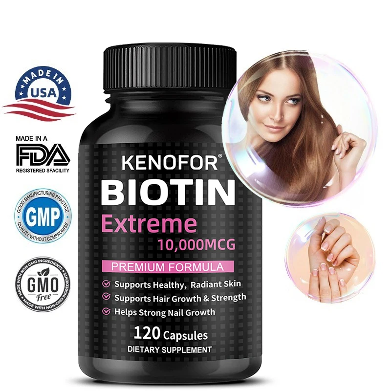 Biotin 10,000MCG Extra Strength 120 Vegetarian Capsules, Biotin Capsules for Healthy Skin, Hair and Nails for Men and Women