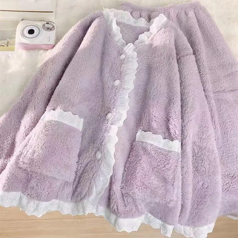 

Hot Coral Fleece Leisure Wear Autumn and Winter Lesbian Sweet Cute Thicken Loungewear Set Two-Piece Set Dopamine New Style Hot