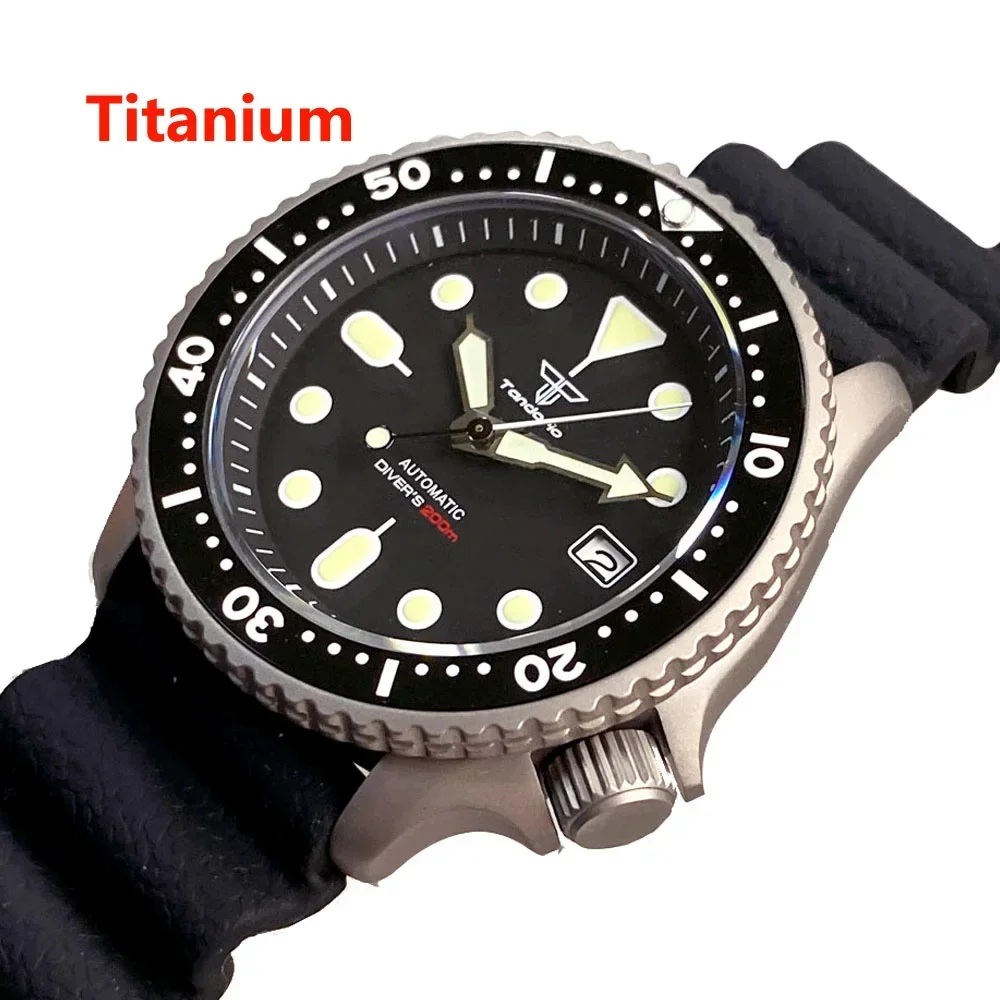 Tandorio 41Mm Nh35a Zwart Automatisch 200M Duiken Titanium Mannen Horloge Saffier Glas 3.8 Uur Datum Rubber Zwarte Keramische Bezel