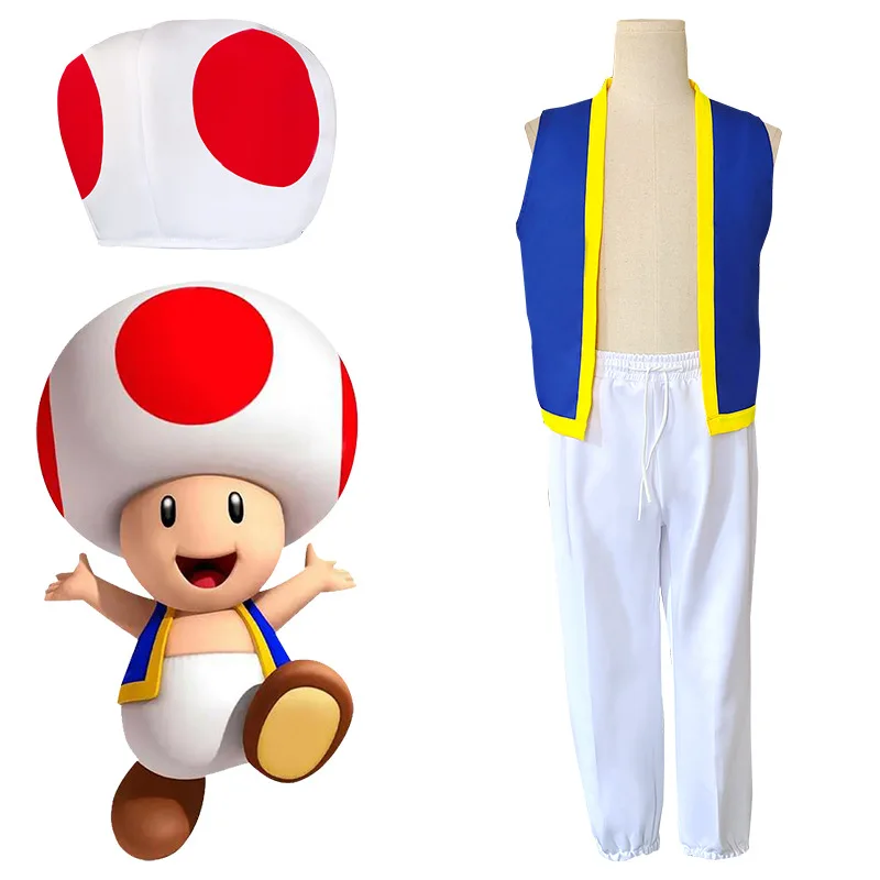 

Kinopio Toad Cosplay Hat Kids Boys Costume Game Bros 2 Roleplay Fantasia Outfits Vest Pants Child Halloween Carnival