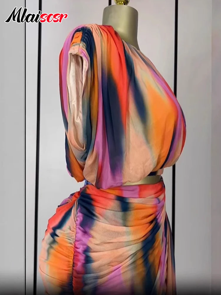 Mlaiscsr Sexy Women's Tie Dye Ruched Sleeveless Crop Top And Mini Skirt Set Night Club Beach Party Outfit 2-Piece Suit Autumn
