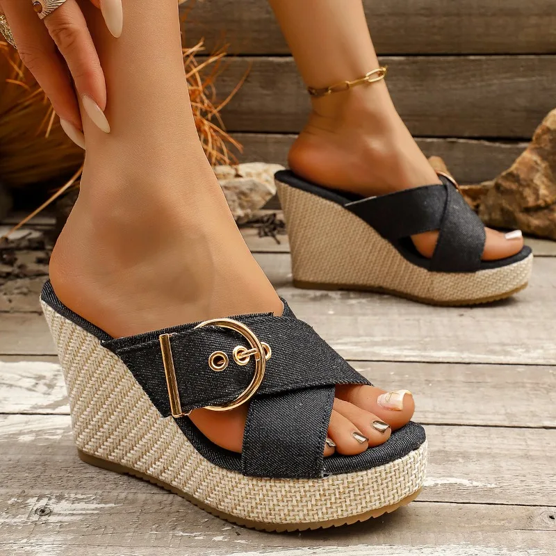 Summer New Cross Strap Buckle Wedge Women's Sandals Fashion Simple Comfort Super High Heeled Women Shoes Мюли Женские На Каблуке view 6