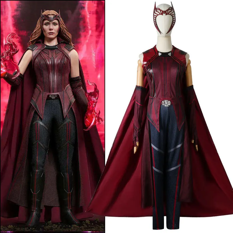 Disfraz de Wanda Maximoff, Bruja Escarlata, Conjunto Completo con Tocado y Capa, Traje de Superhéroe para Mujer, para Fiesta de Halloween