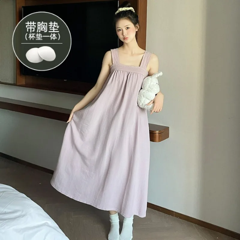 Vestido largo con tirantes coreanos de talla grande 3XL, pijamas holgados y dulces para mujer coreana con almohadilla en el pecho, ropa de dormir de casa lisa hasta el tobillo