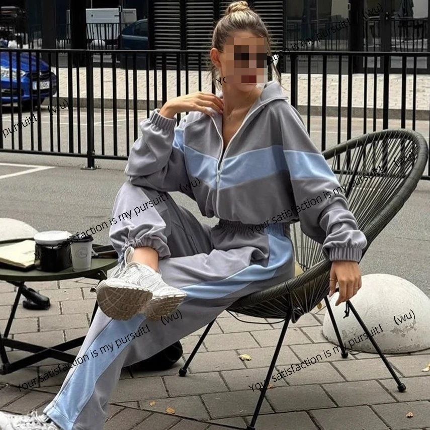 Trajes europeos y americanos de moda, trajes deportivos informales, pantalones tipo cárdigan con cremallera, traje de dos piezas para mujer