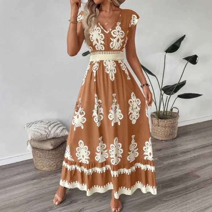 فستان نسائي صيفي 2025 بتصميم واسع وطباعة أنيقة لعطلة الشاطئ، خصر مطاطي، محبوك من البوليستر السميك، وصول جديد #3