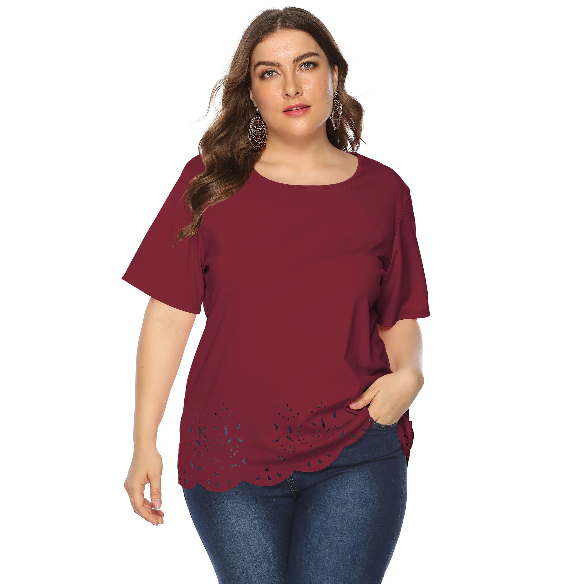 L5XL femmes décontracté grande taille T-shirt rue Sle coupe ample évider imprimé coton ort Sve rond Ne haut