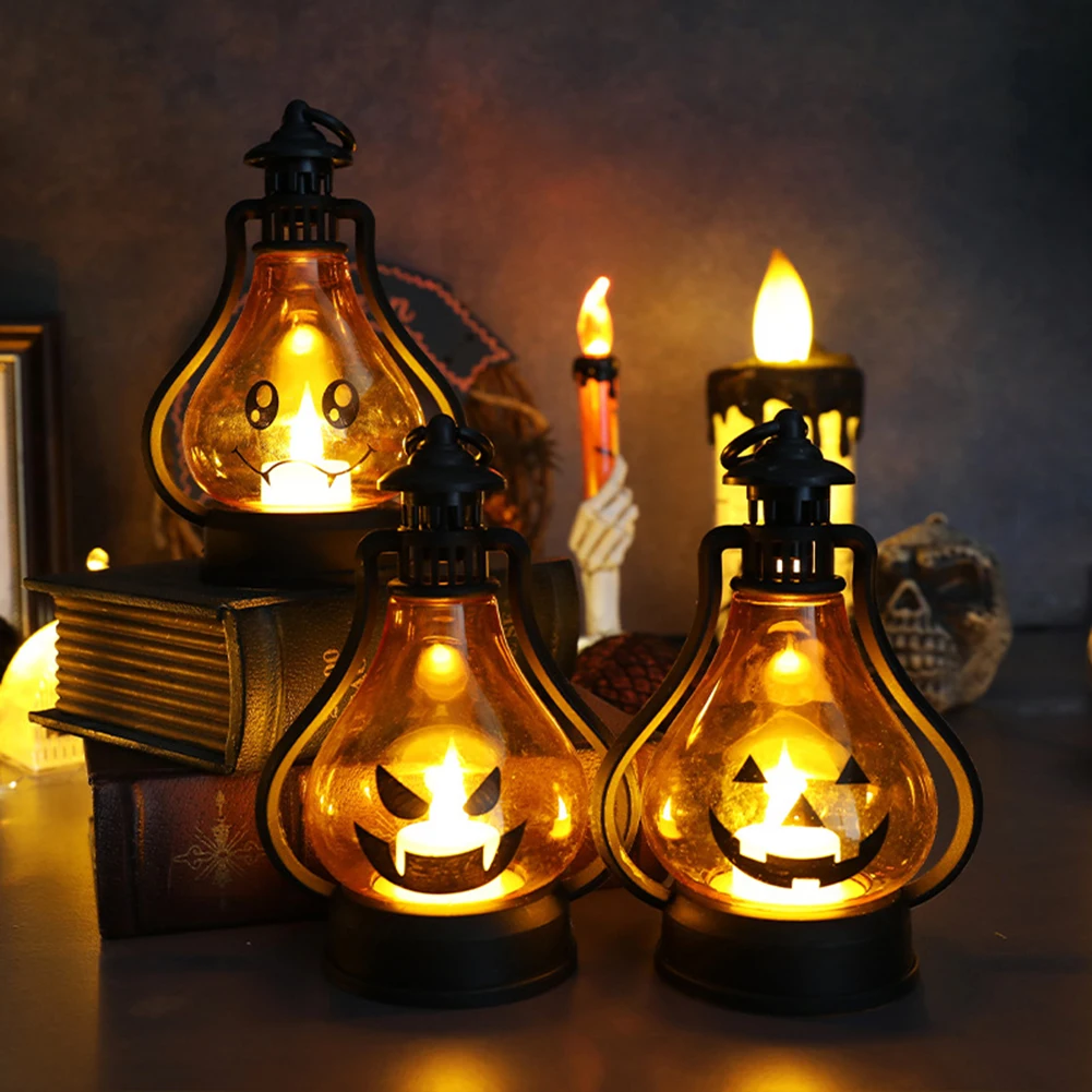 Lampiony dynia LED Halloween z haczykiem zasilany z baterii lampa świeca ozdoba na biurko rekwizyty dekoracyjne na Halloween