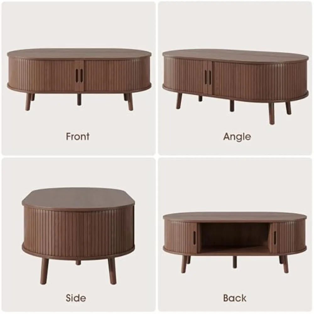 Modern Coffee Table with Sliding Tambour Door, Oval Fluted Coffee Table with Storage, Small Curved Profile Coffee Tables