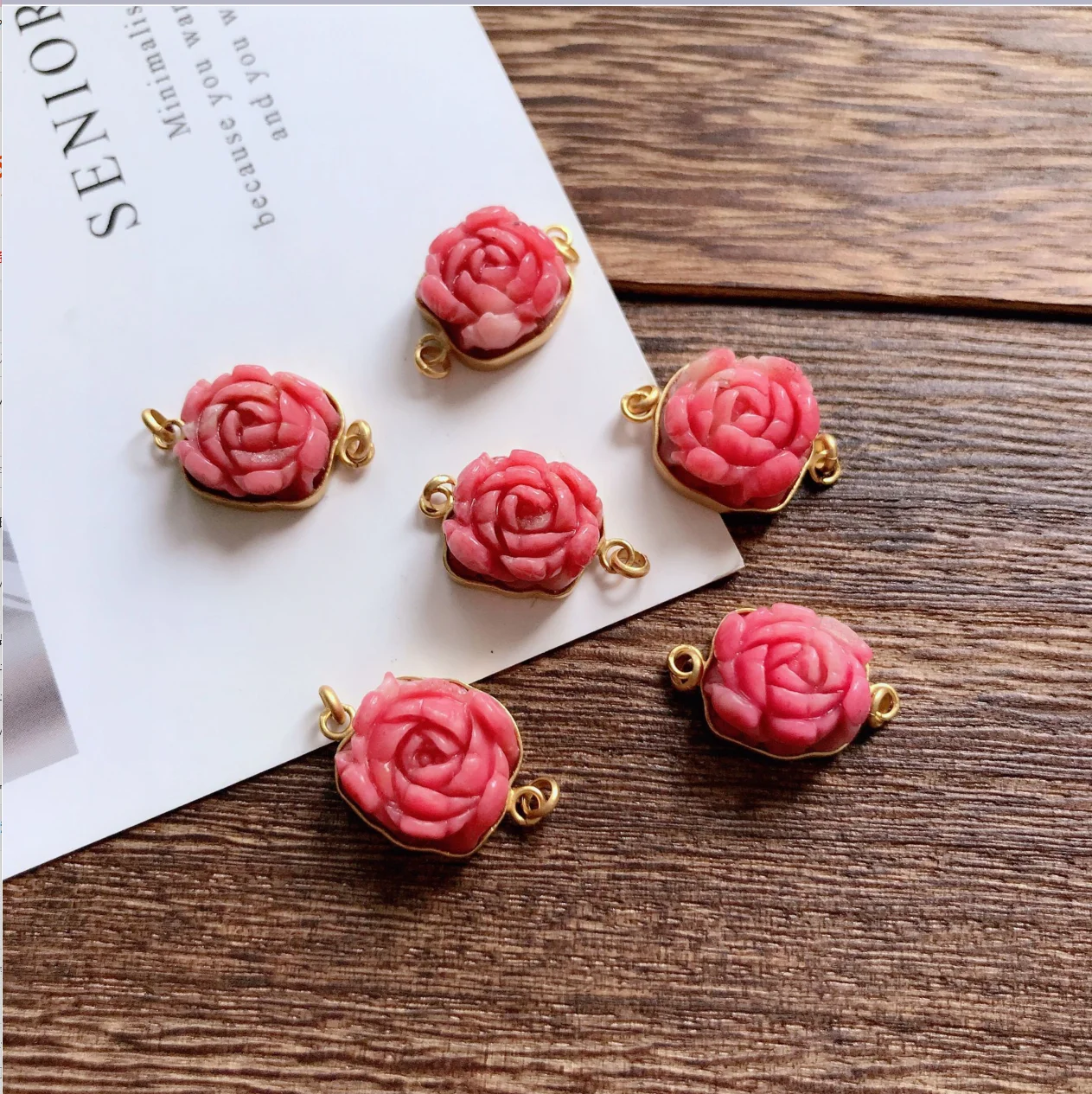 1PIECE Red Rhodochrosite /amazonite green carved flower Jewelry accessory connector for DIY 14K PLATED