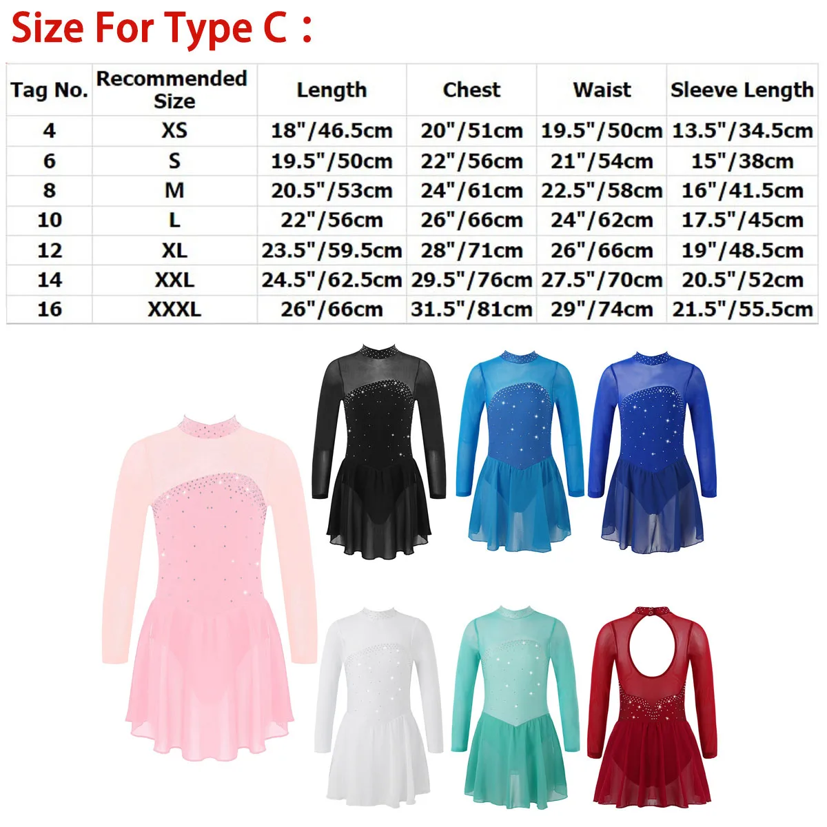 Figure Skating Dress Kids Girls Women Sparkly Tulle Ballerina Gymnastic Leotard Ballet Dress Long Sleeves Mock Neck