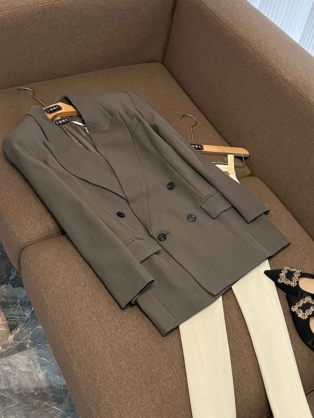 

Casual Sle Double Breasted Tailored Jaet Versatile Profional Suit Coat for Women Long Sve Striped Pattern X78