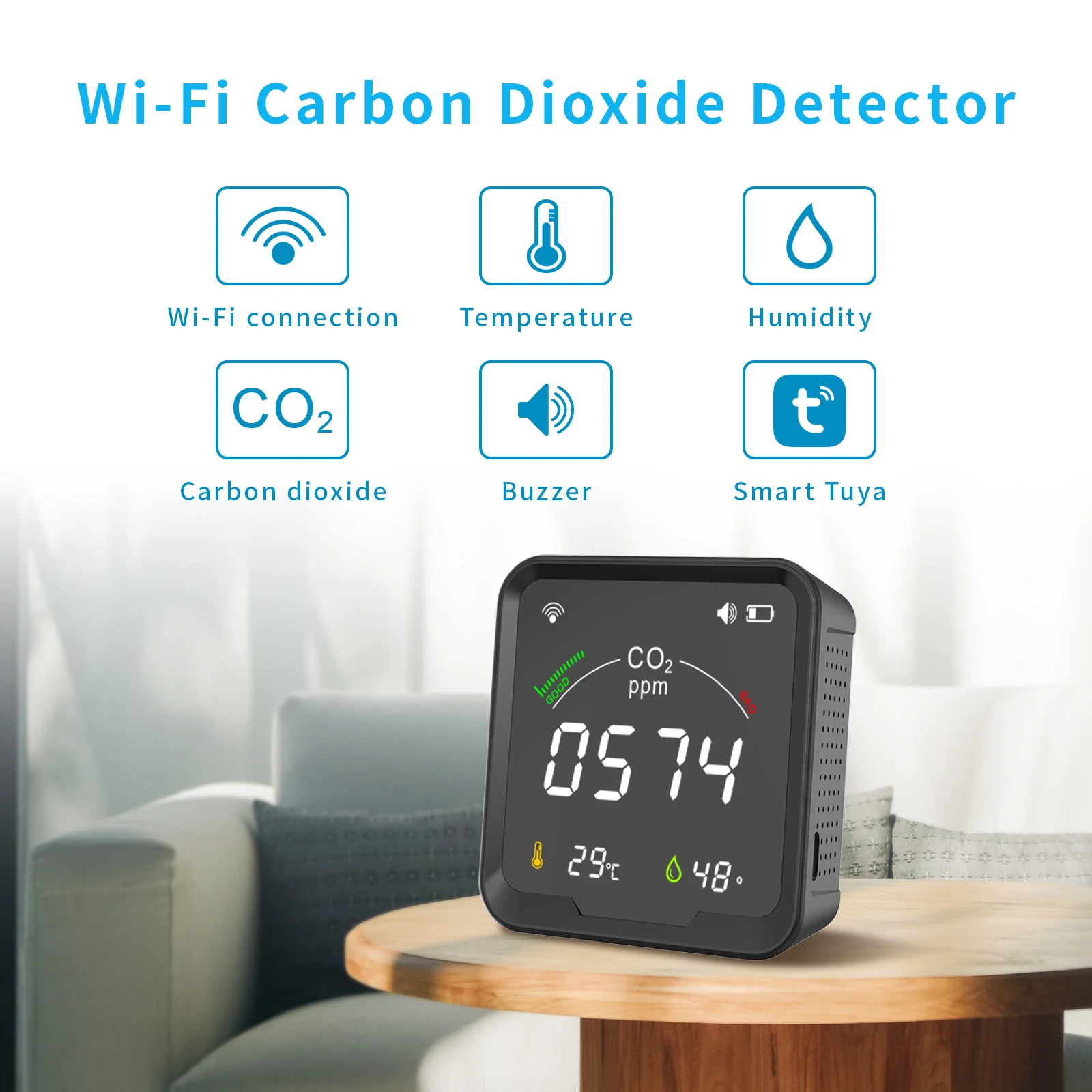 Protmex Tuya WiFi CO2 Meter and Temperature Humidity Monitor Carbon Dioxide Detector Greenhouse CO2 Sensor with Light Indication