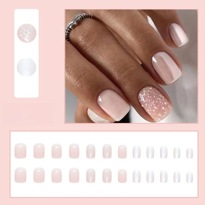 24Pcs/Set Simple Cute Pink Press on Nail Art Glitter Pure Lust Stick Wearing False Nails White French Removable Fake Nails Tips