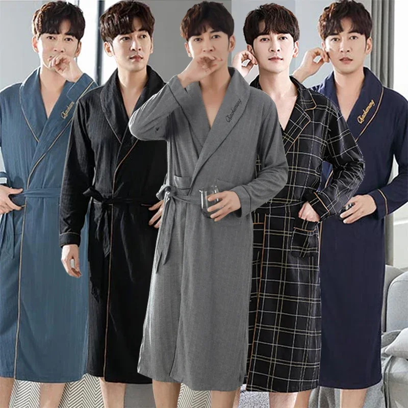 

2024 Spring Autumn Plus Size Cotton Long Sleeve Kimono Robes for Men Korean Loose Sleepwear Bathrobe Male Homewear Home Clothes