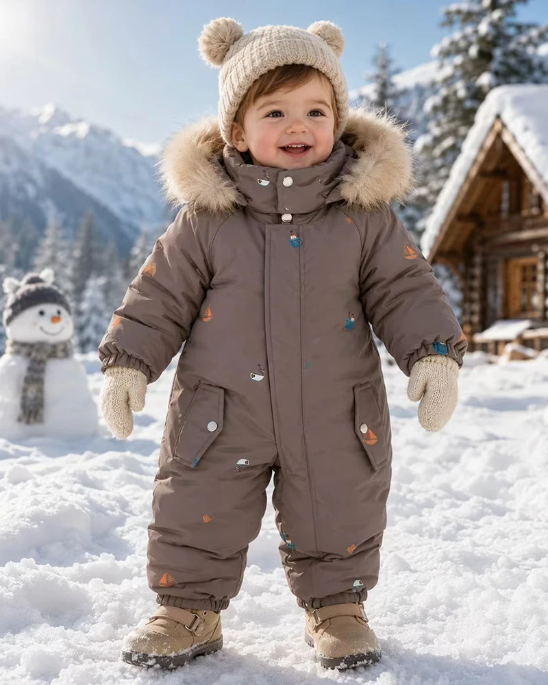 Winter Children Ski Suit Thicken Printed Baby Jumpsuit Warm Plus Velvet Children Jacket Hooded Kids Snowsuit Coat 1-5 Years