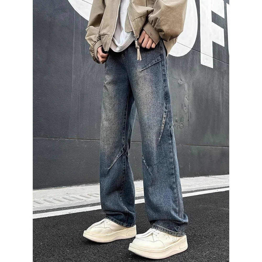 Loose Straight Leg Men's Jeans Casual Washed out Patchwork Design American High Street Style Autumn New Arrival Youth Fashion