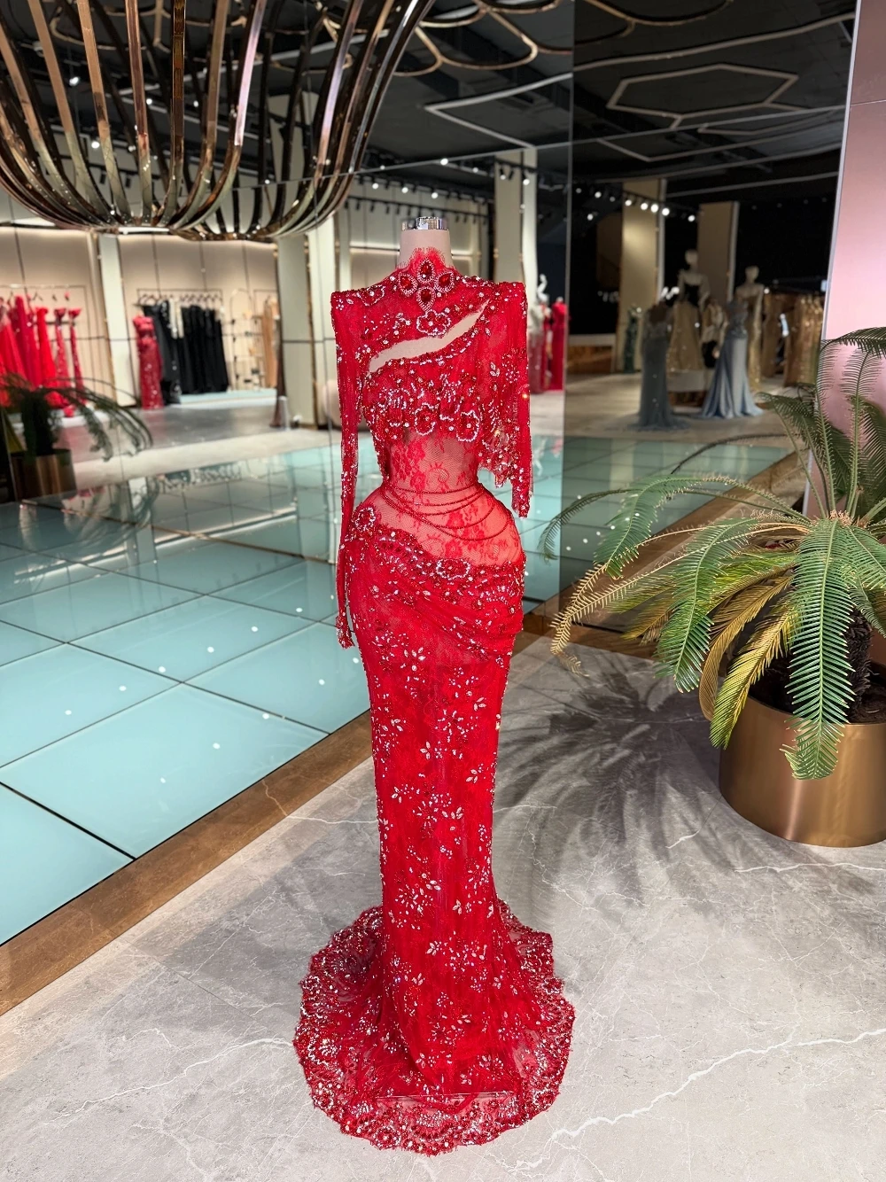 Newest Red Mermaid Evening Dress High Neck Long Sleeve Beaded Sequined Lace Formal Party Gown Crystal Embellished Prom Wear