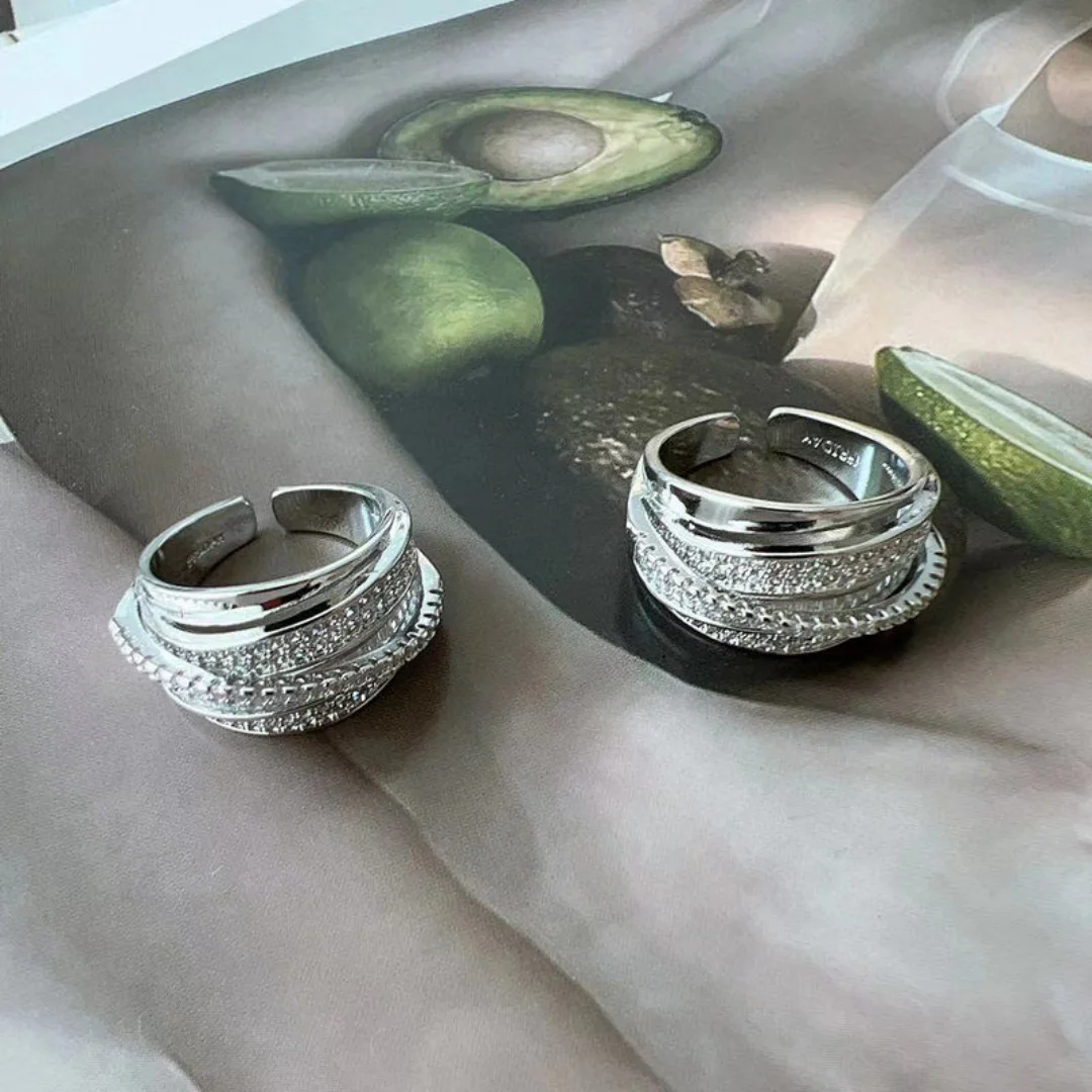 Shiny French Luxury Zircon Ring with Diamonds Adjustable Stackable Multi Layer Ring for Women Heavy Industry Bold Index Finger R