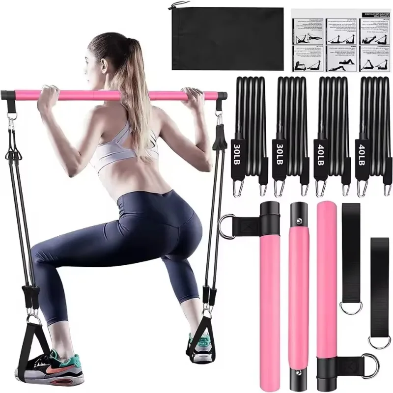 Pilates Bar Kit with Resistance Bands Stackable Band Workout Equipment for Legs Hip Waist Arm Exercise Women & Men Home Gym Yoga