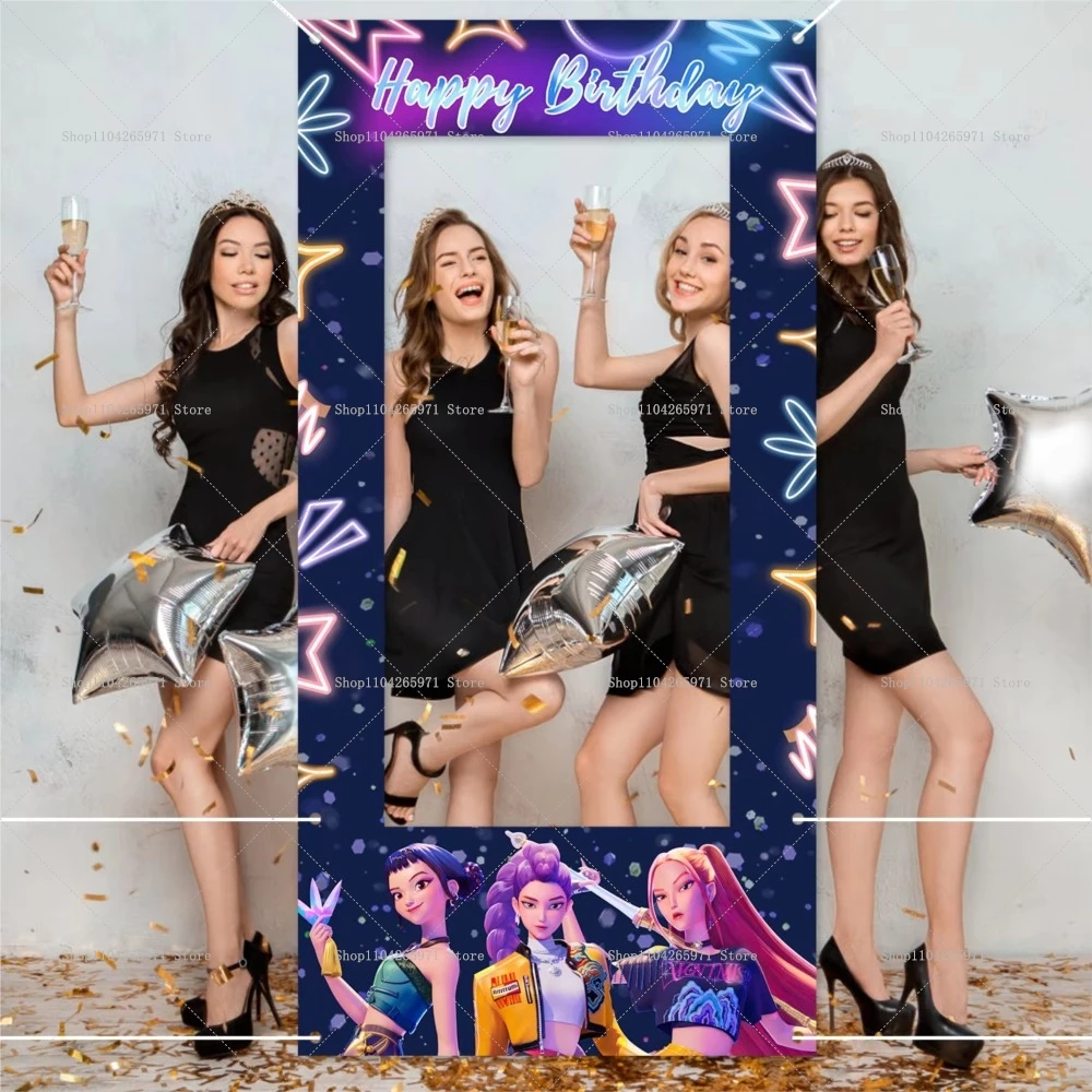 1 Stück KPop Demon Hunters Hohler Fotohintergrund, Happy Birthday Hintergrund aus Polyester, KPop Happy Birthday Dekor für Mädchen und Jungen