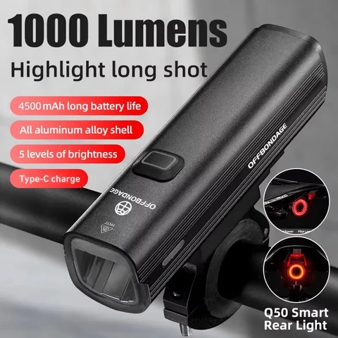 Lanterna de Bicicleta OFFBONDAGE 1000 Lúmens, Farol Dianteiro para Ciclismo, Lanterna de Guidão com Carregamento USB, Luz de Destaque para MTB e Estrada