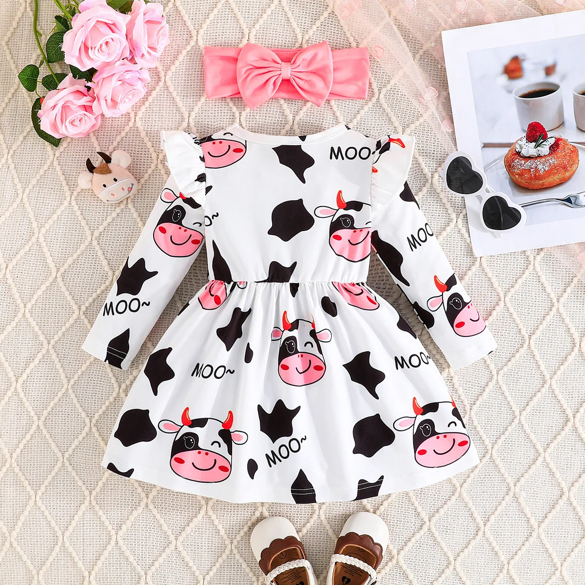 Winter 2024 Girls Dress Girls Long Sleeve O Neck Print Cow Bow White Cute Preepy Look Birthday Party Dresses Vestidos 3M-3T