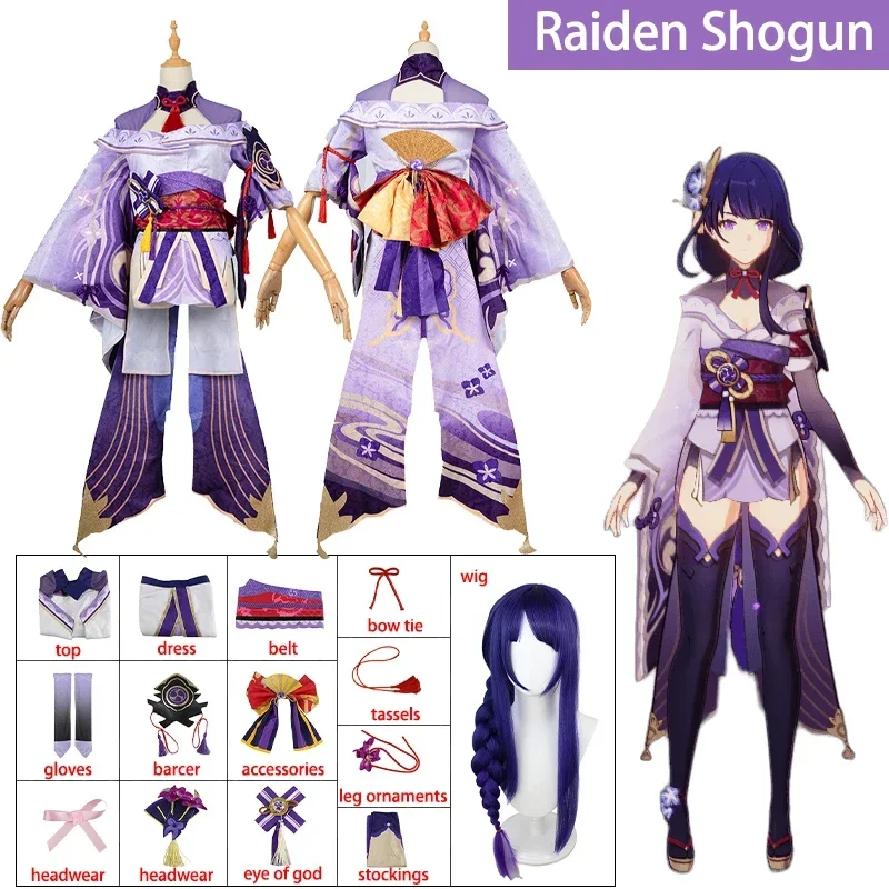 Raiden Shogun Cosplay Spel Genshin Impact Raiden Shogun Beelzebul Cosplay Kostuum Anime Uniform Pruik Halloween Jurk Voor Vrouwen