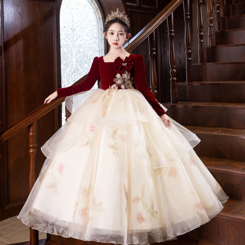 New Kids Red Princess Ball Gown Children Long Sleeve Pageant Dress for Piano Performance Fashion Show Host Elegant Formal Wear
