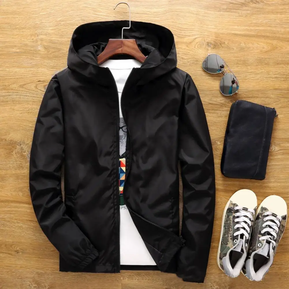 Men Hooded Jacket Solid Color Long Sleeves Elastic Cuff Slim Pockets Windbreaker Jacket Autumn Winter Windproof Sporty Jacket